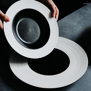Borden zwart wit stro plate ronde pastagerecht tekening westerse lade creatief keramisch servies huishoudelijk diner gebruiksvoorwerpen 1 stks