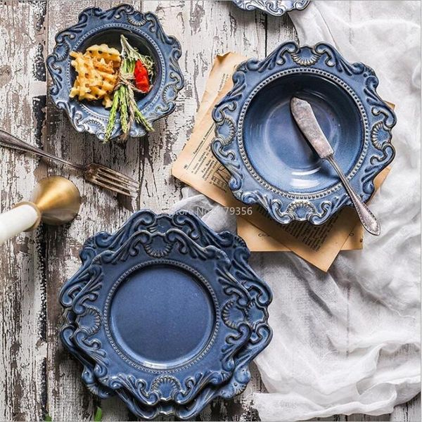 Platos Juego De Platos De Cerámica En Relieve Antiguo Azul Y Blanco Plato Principal De Porcelana Bandeja para Servir Platos De Ensalada De Postre Vajilla 1 Pieza