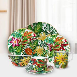 Assiettes rondes en porcelaine, série de desserts créatifs en forêt, ensemble de feuilles et de fleurs, bol à café à usage domestique et Restaurant