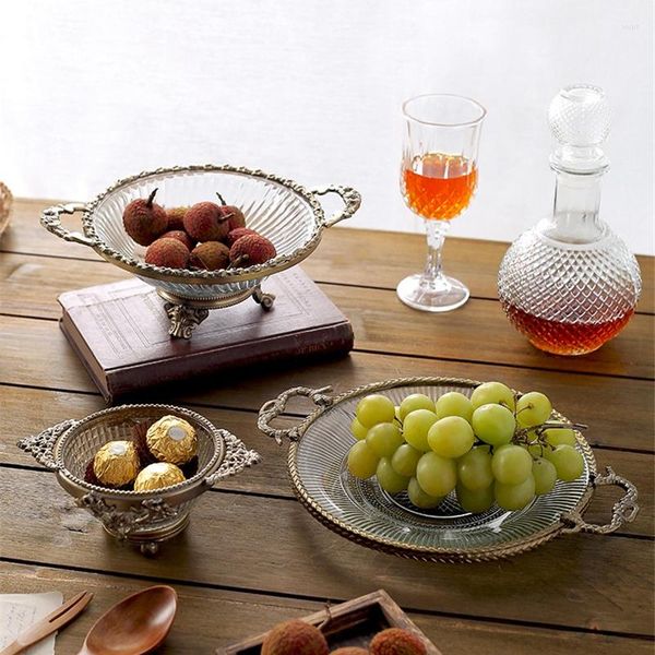 Assiettes en laiton verre assiette de fruits bol européen rétro maison plateau de rangement ornements décoratifs salon table basse gâteau en cristal