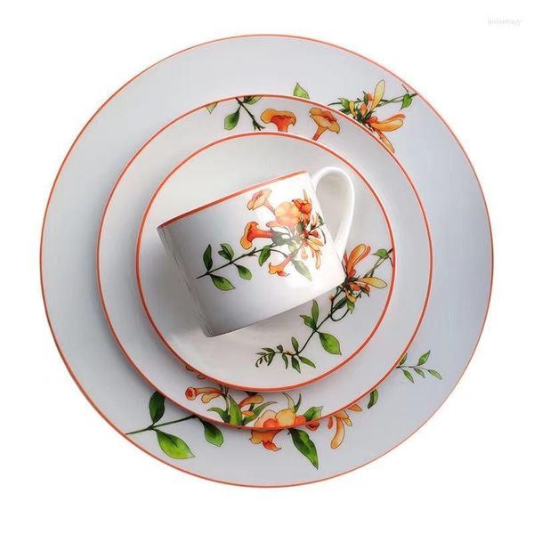 Assiettes Campsis Grandiflora chine os assiette à dîner ensemble tasse à café Steak plat soupe disque chargeur porcelaine vaisselle