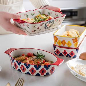 Platen keramische bakschotel braden lasagne-pan rechthoekig bakware met handvat creatieve magnetron handgeschilderde dessertplaat