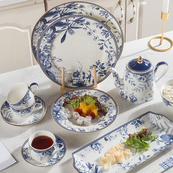 Assiettes en céramique, vaisselle chinoise, bol en porcelaine bleue et blanche, service de vaisselle, incrustation en or, tasse à café, dîner occidental
