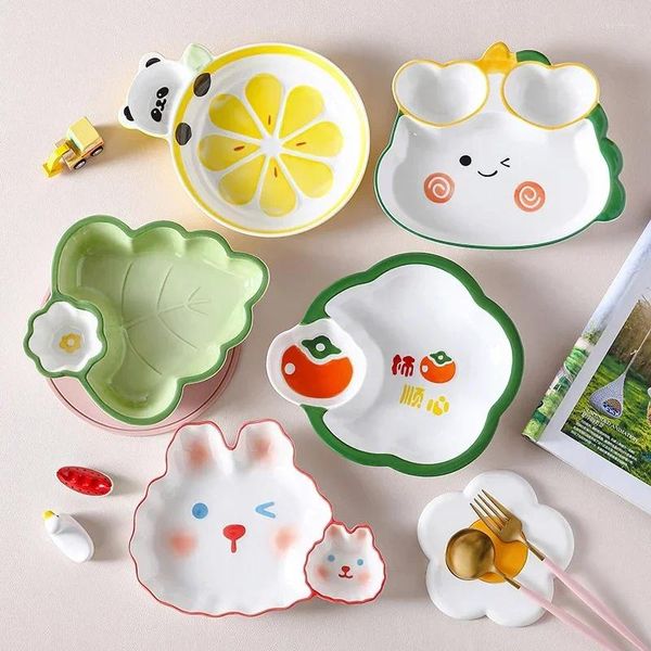 Assiettes en céramique avec animaux de dessin animé, petit déjeuner pour enfants avec soucoupe à tremper, vaisselle japonaise, plat à boulettes, vaisselle de maison