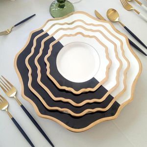 Platos de cerámica, juego de cubiertos, plato de cena de flor dorada blanca y negra, decoración creativa nórdica para El hogar