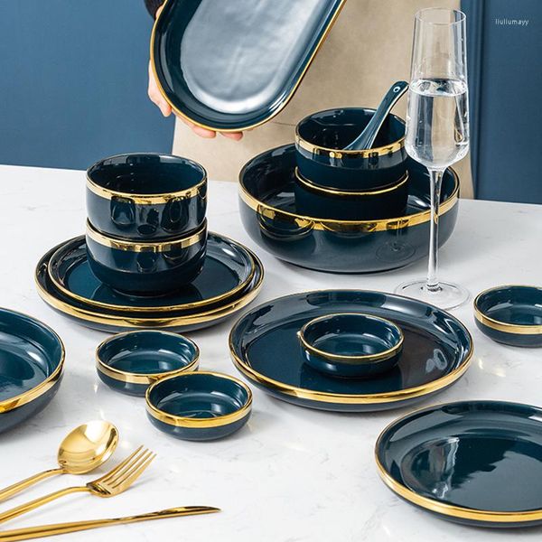 Assiettes à dîner en céramique, plats Lucury à bord doré en porcelaine pour ensemble de vaisselle, bol à salade et à nouilles, cuisine de Restaurant
