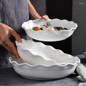 Assiettes en céramique, vaisselle à bord de fleur blanche, porcelaine profonde, salade de fruits, vaisselle pour la maison