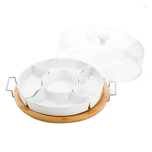 Assiettes Céramique Plat de plats de service divisé avec couvercle transparent bambou Plateau de plateau 5 bols amovibles 28,5 x 5cm