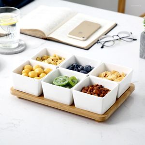 Assiettes en céramique bricolage plat carré séparé Fruits secs Dessert avec plateau en bambou écrou salade bol ensemble maison conteneur soucoupe