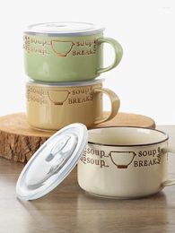 Assiettes Cerramic Instant Noodles tasse avec couverture et manipuler la boîte à lunch de grande capacité du ménage