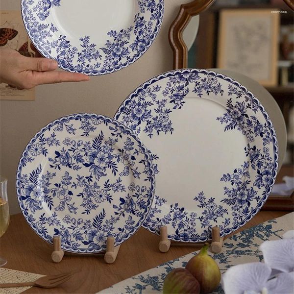 Platos placas de cerámica Catatina de cocina Cabina china Retro azul y blanco Desayuno de fruta platos Pastoral elegante Cena pastoral