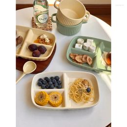 Assiettes en céramique de Style coréen, trois grilles, couleur unie, vaisselle rectangulaire, déjeuner, légumes, fruits, fournitures de cuisine
