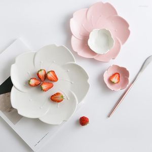 Service de table Sakura en céramique, assiettes, vaisselle de cuisine rose en forme de fleur, plat à Sauce Chili en plastique