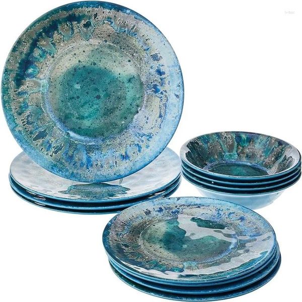 Plates Certified International Radiance Teal Juego de vajilla de melamina de 12 piezas, plato llano azul