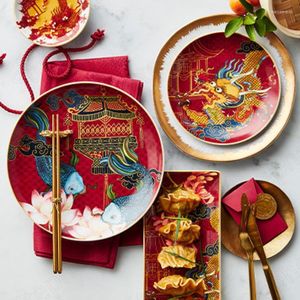 Assiettes en céramique peintes classiques chinoises, assiettes décoratives Dragon Phoenix bol de riz pour dîner, plats à Dessert de l'après-midi à la maison