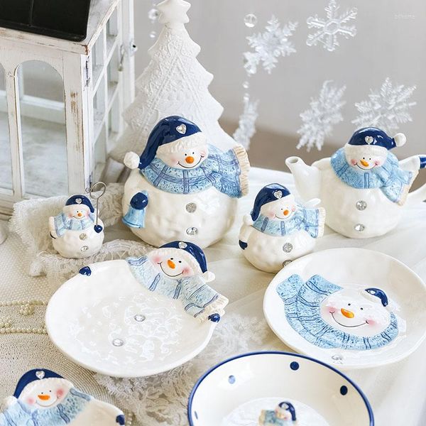 Assiettes de noël en céramique, ornements mignons, bol à collation décoratif, théière, récipient, bouteille d'assaisonnement, assiette bonhomme de neige, vaisselle