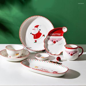 Platos Vajilla de Navidad Cuenco de cerámica Plato de cena de dibujos animados Contenedor de sopa Postre Filete Taza linda Taza de café