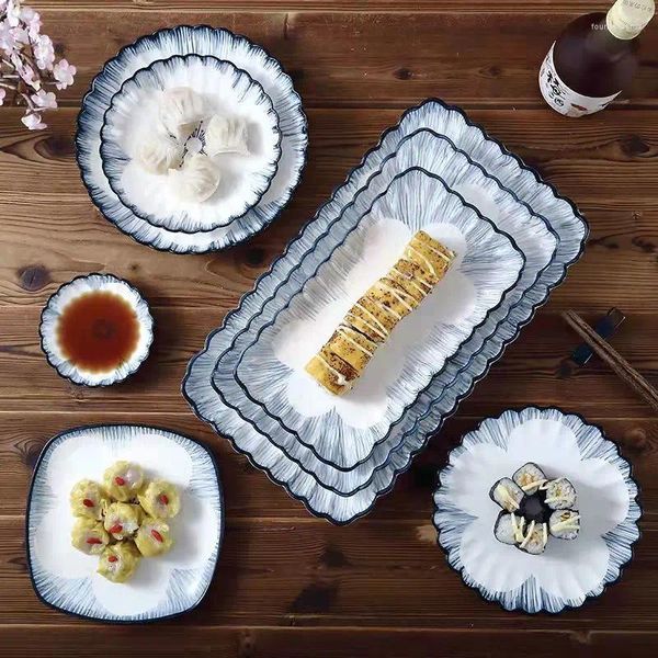 Platos de cerámica de crisantemo, juego de platos y cuencos, vajilla para el hogar, plato de desayuno de arroz con borde azul, cocina cuadrada para hornear