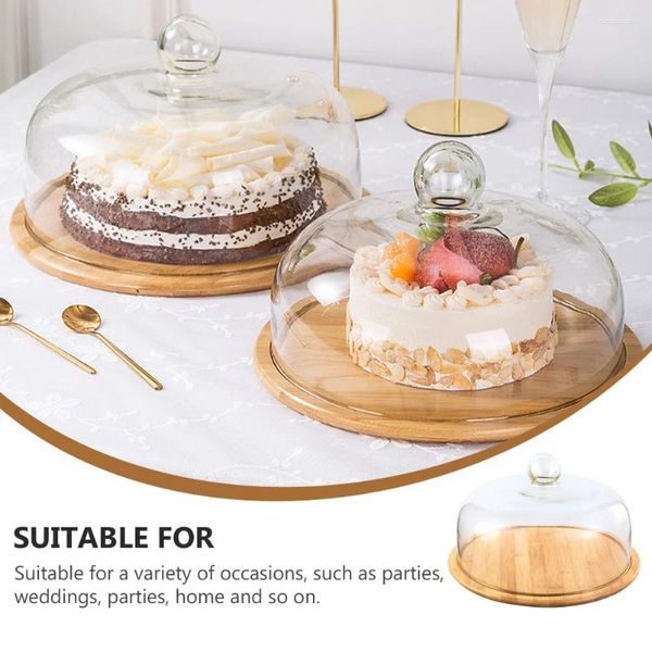 Placas de vidrio transparente Domo cloche con cubierta de campana de base de madera rústica para un pastelito de dulces de queso de postre 24 cm