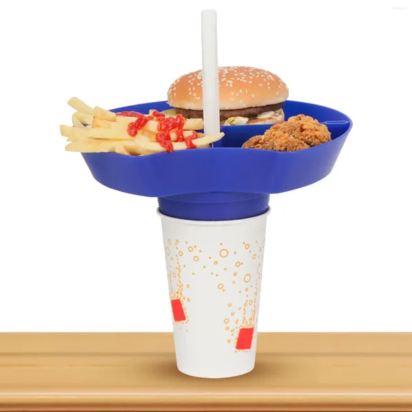 Assiettes à compartiment pour aliments 2 en 1, plateau réutilisable, bol à collation avec trou de paille, mis sur une tasse de boisson à emporter