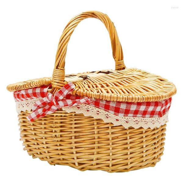 Cesta de picnic de mimbre estilo campestre con platos, cesta con tapa y asa, forros para picnics, fiestas, barbacoas de boda