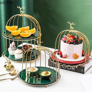 Platen creatieve keramische dessertplaat metalen vogelcage rek huishoudelijke fruitbak opslag woonkamer tafel top decoratie cake trays