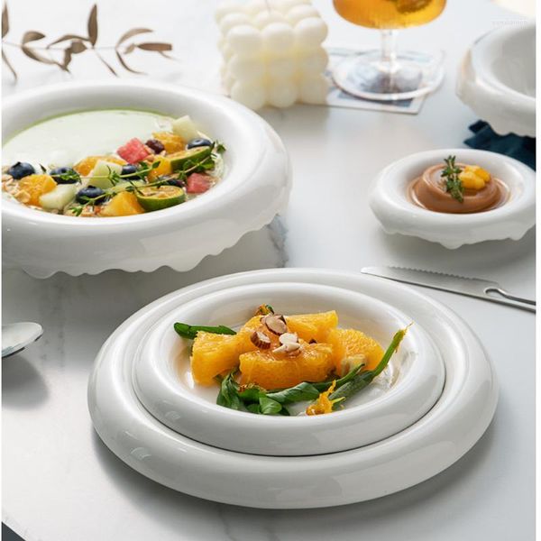 Assiettes Creative Céramique Pur Blanc Flanging Bol Ménage Assiette Salade Fruits Petit Déjeuner Cuisine Fournitures