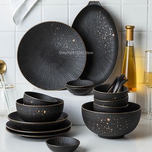 Borden creatief Europees huishoudelijke keuken servies set socket zwarte keramische steakgerecht lepel