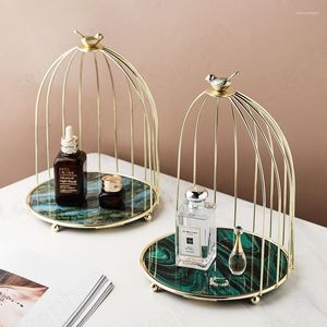 Platen creatieve gouden vogel dessert cake stand Noordige moderne agaat textuur metalen glazen spiegel sieraden cosmetische opbergvak huisdecoratie