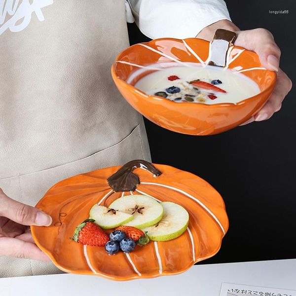 Platos creativos pintados a mano calabaza plato taza Underglaze cerámica vajilla microondas lavavajillas seguro lindo para niño
