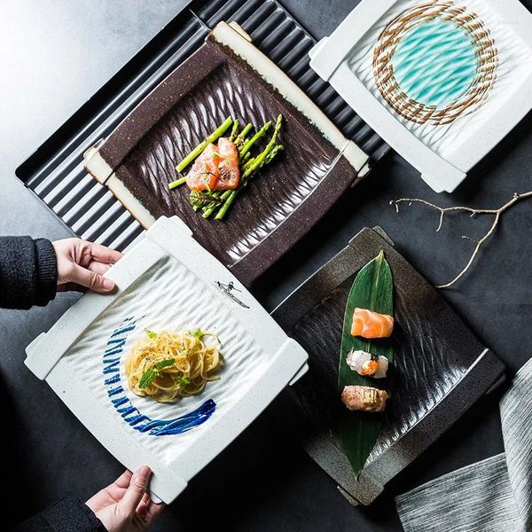 Platos creativos de gama alta, plato cuadrado de carne japonesa, vajilla de cerámica para el hogar, conjunto de pasta occidental