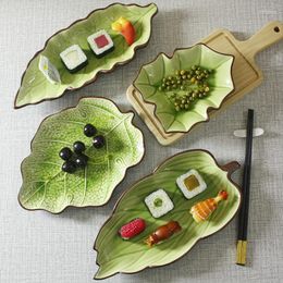 Assiettes Créative Glace Craquelée Vaisselle En Céramique Feuille De Lotus Assiette À Quatre Pattes Long Sushi Restaurant Pétale Légumes