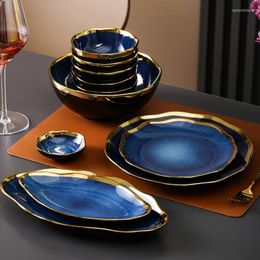 Platen creatieve onregelmatige keramische plaatkom Nordic blauw glazuur gouden rand biefstuk hoofdgerecht huishoudelijk servies