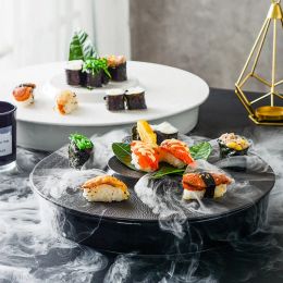 Borden creatief sashimi droog ijsplaat Japans westers hotel restaurant voedsel zalm zeevruchten sushi keramisch mat zwart serveerplaat