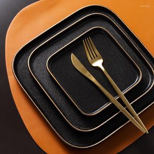 Assiettes créatives carrées en céramique noire assiette à dîner bordure dorée Steak pâtes vaisselle El Restaurant ustensiles de cuisine
