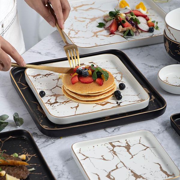 Platos creativos para bistec, juego de cubiertos cuadrados, plato de estilo occidental de mármol, bandeja plana de cerámica para postres de Sushi
