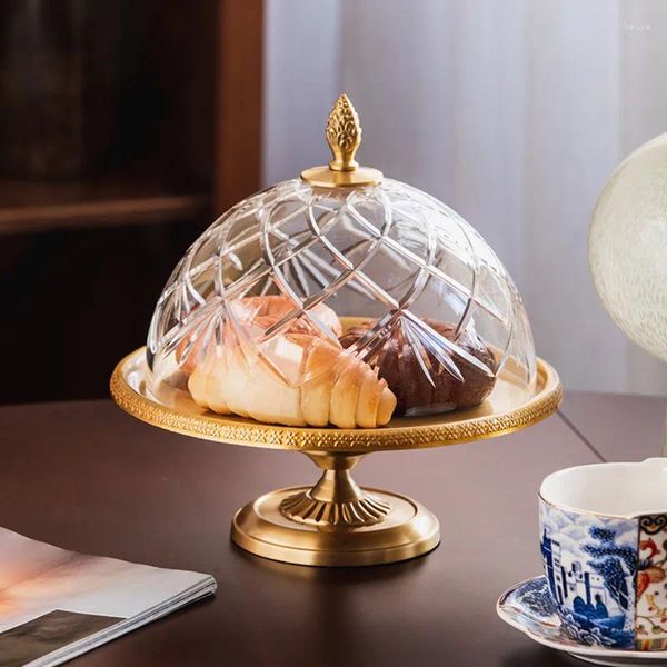 Platos Almohada Linda Estilo Europeo Retro Latón Vidrio Pie Alto Plato De Pastelería Luz Del Hogar Mesa De Té De Lujo Exhibición De Postres De Frutas