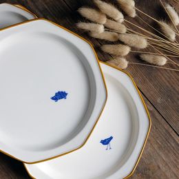 Assiettes Design Style Rétro Blanc Orange Bord Anis Étoilé Peint À La Main Hérisson Oiseau Assiette/Ours Bleu Couleur Sous Glaçure