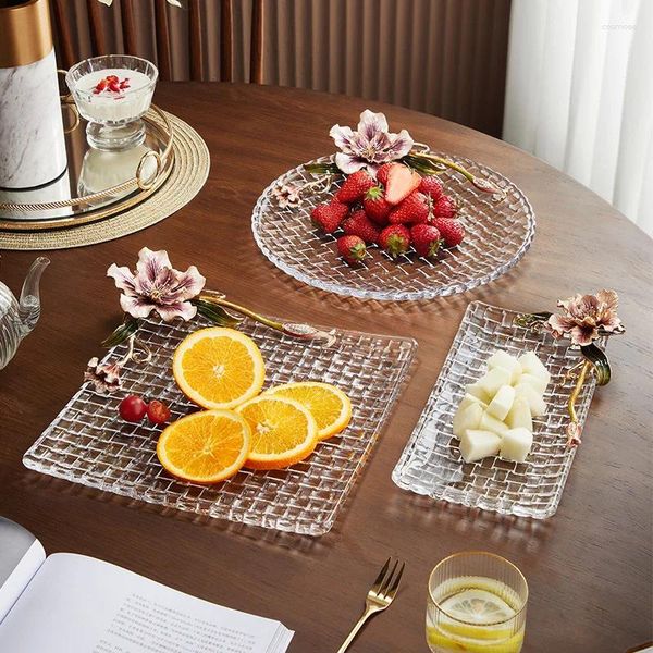 Placas de la mesa de vidrio de la cocina del postre plato deco para decoraciones platos de cargador de esmalte de fiesta de cuissarde cristal