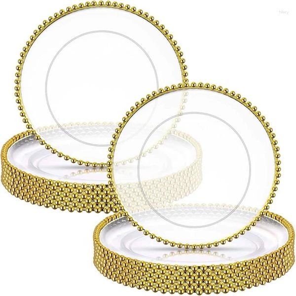 Assiettes Diamètre 13 pouces Assiette de chargeur transparent avec perles d'or Rim Acrylique Plastic Dîner décoratif de service de mariage de mariage