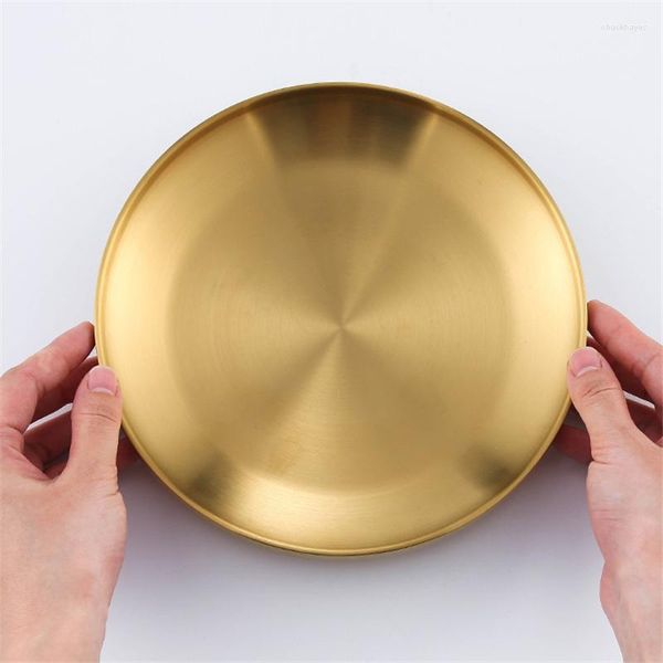 Platos Juego de cena y platos Placa de acero inoxidable 304 con doble aislamiento Disco de oro coreano Bandeja de fruta de fondo plano