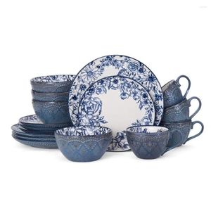 Assiettes Dîner assiette Bleu Stoare 16 pièces Ensembles de vaisselle plats en céramique Plats à manger