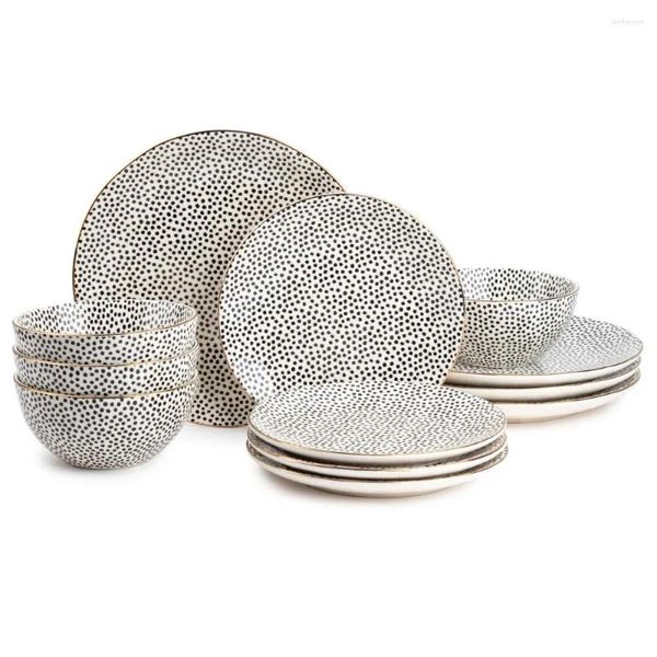 Assiettes Dîne Black White Dot Stoare 12 pièces Set Élevez votre expérience culinaire avec nos ensembles exquis