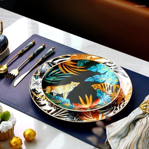 Borden Deding Set kleurrijke bosdierontwerpplaat biefstuklade plat keramisch servies 10 inch schotel kerstcadeau gouden velg