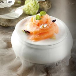 Assiettes Glace Sèche Liquide Azote Plateau Créatif Japonais Restaurant Cuisine Sashimi Sushi Assiette Maison Cuisine Blanc Rond En Céramique Vaisselle