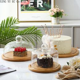 Borden stofdichte glazen deksel transparante displayplaat fruit snack cake proeverijlade houten ronde opslag moderne woningdecoratie