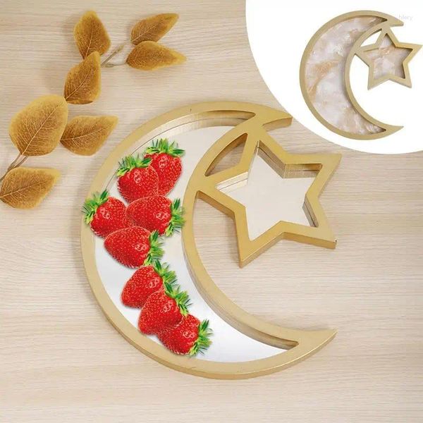Platos bandeja de bandeja de bandeja de madera con diseño de estrella de luna para el centro de mesa de Kurban Bairam que sirve pasteles de frutas nueces