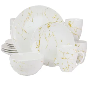 Assiettes Elama Fine Marble 16 pièces Stoare ensemble de vaisselle en or et blanc plats de service dîner