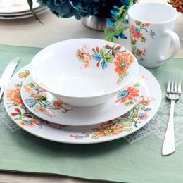 Assiettes Elama Spring Bloom 16 pièces rondes en porcelaine Ensemble de vaisselle et plats de service en céramique