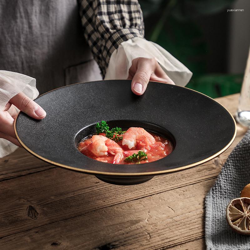 Teller europäisches Frühstück Western Teller Einfacher schwarzes Pasta Haushaltsgericht Keramik Suppe Strohhutgerichte Abendessen Abendessen